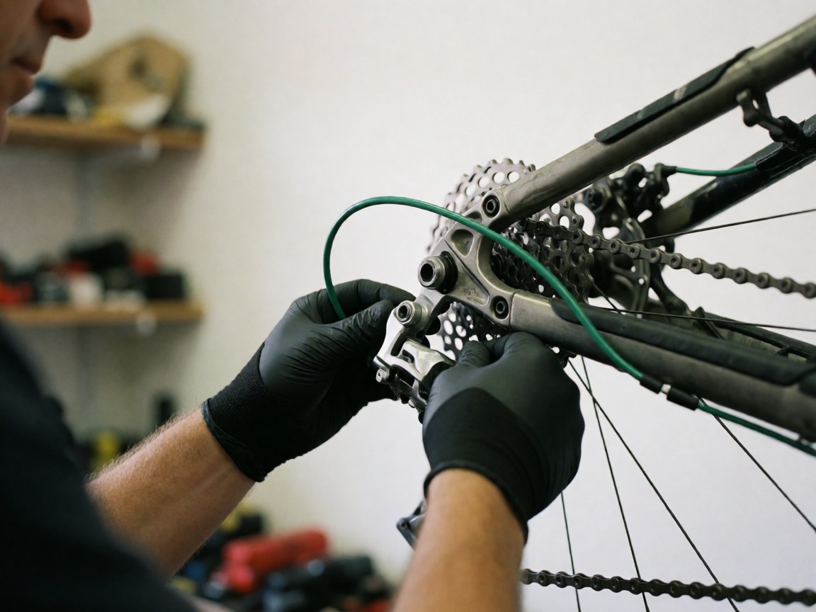 Detailed view of a mechanic performing a precise adjustment on a bicycle component using specialized tools in a workshop setting