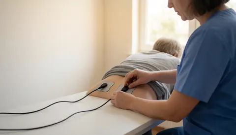 Close-up view of a physiotherapist applying TENS electrodes to a patient's back during a rehabilitation treatment session in a clinical setting