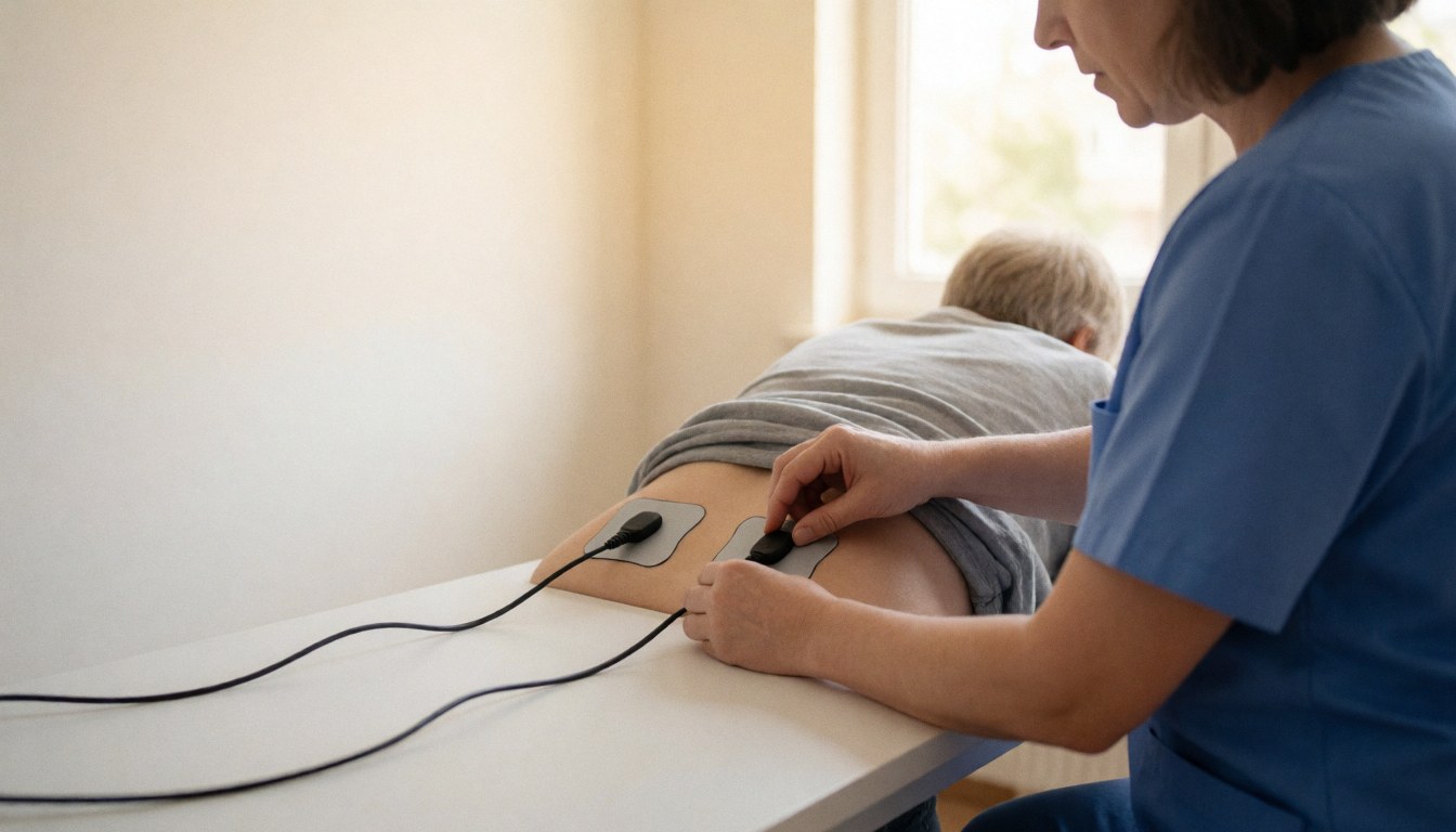 Close-up view of a physiotherapist applying TENS electrodes to a patient's back during a rehabilitation treatment session in a clinical setting