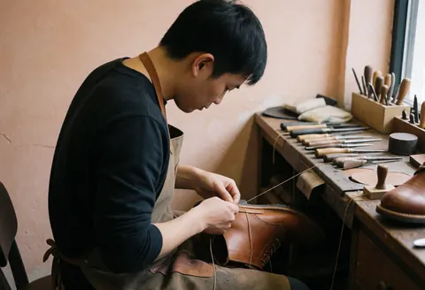 Close-up view of a cobbler's hands using tools to stitch and repair a brown leather shoe on a workbench with natural light