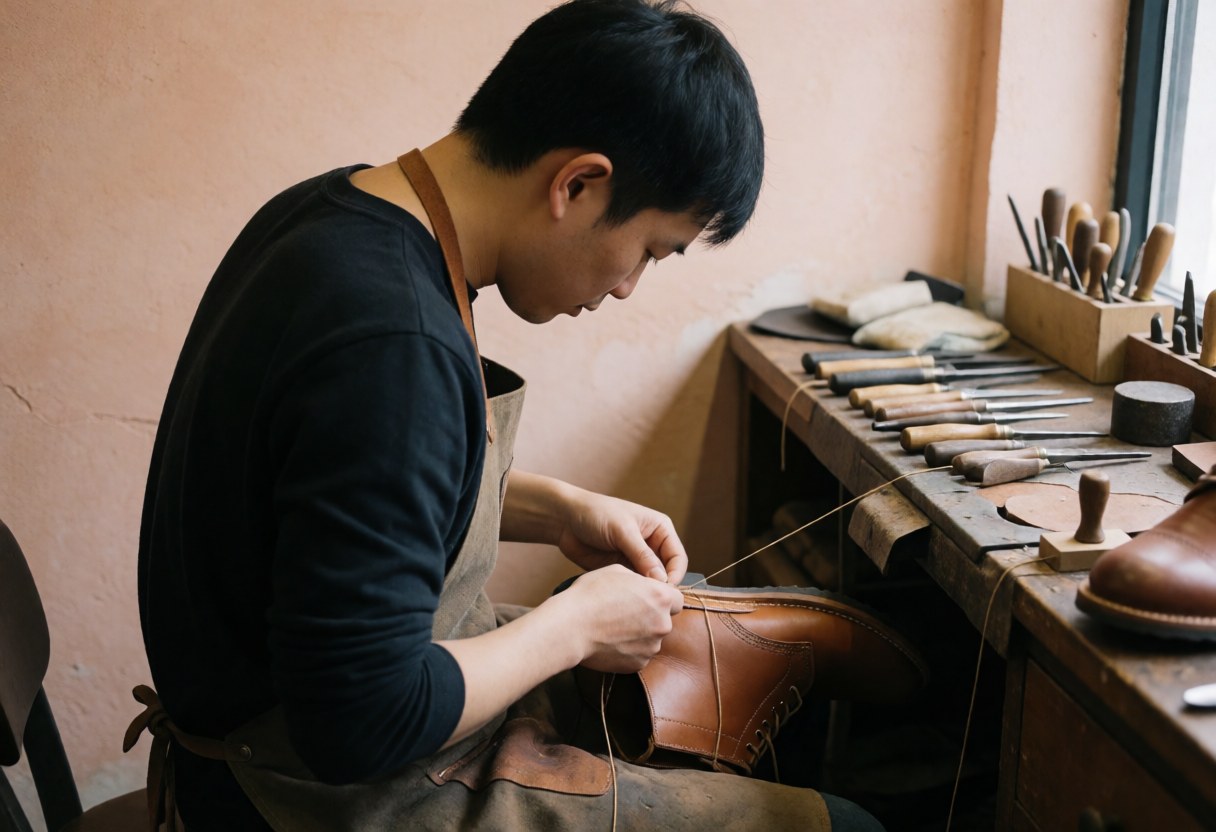 Close-up view of a cobbler's hands using tools to stitch and repair a brown leather shoe on a workbench with natural light