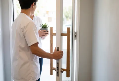 A reiki practitioner in a white uniform opens a glass door while holding a succulent plant, welcoming a client in a calm, modern interior with natural light.