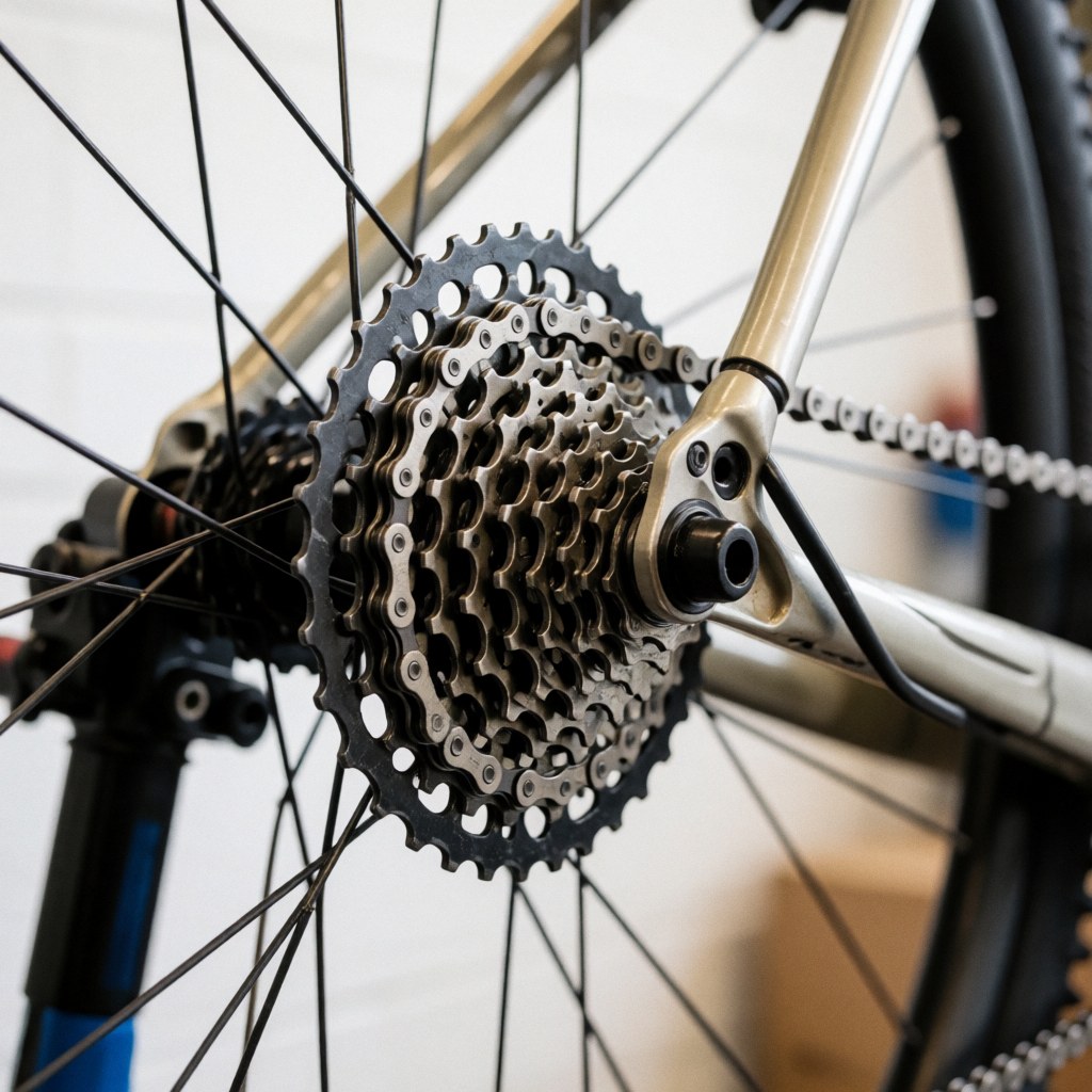 Close-up of a shiny, well-lubricated bicycle chain and cassette in a repair shop with a blurred background, ready to be mounted.