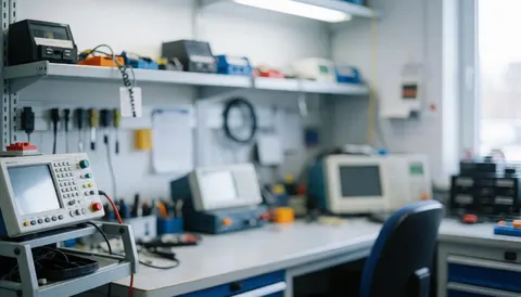 Clean workshop background featuring electronic equipment, tools, and shelves, suitable for engine repair and maintenance service text overlays