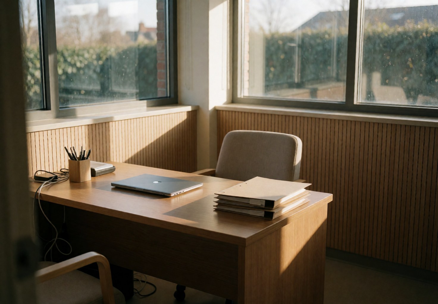 Clean and welcoming osteopathy center office with desk, chair, laptop, and files illuminated by sunset light through large windows
