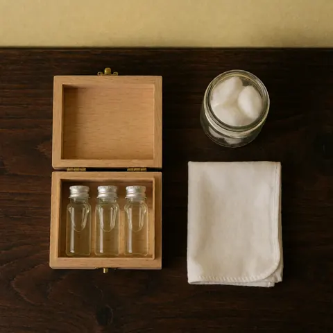 Open wooden box containing three essential oil bottles, cotton balls, and a white cloth on a dark wood surface with warm lighting