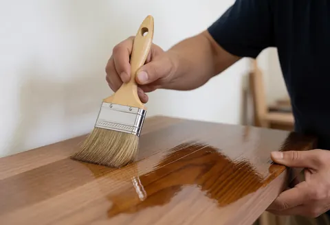 Close-up of hands using a brush to apply varnish to a wooden surface during furniture repair work