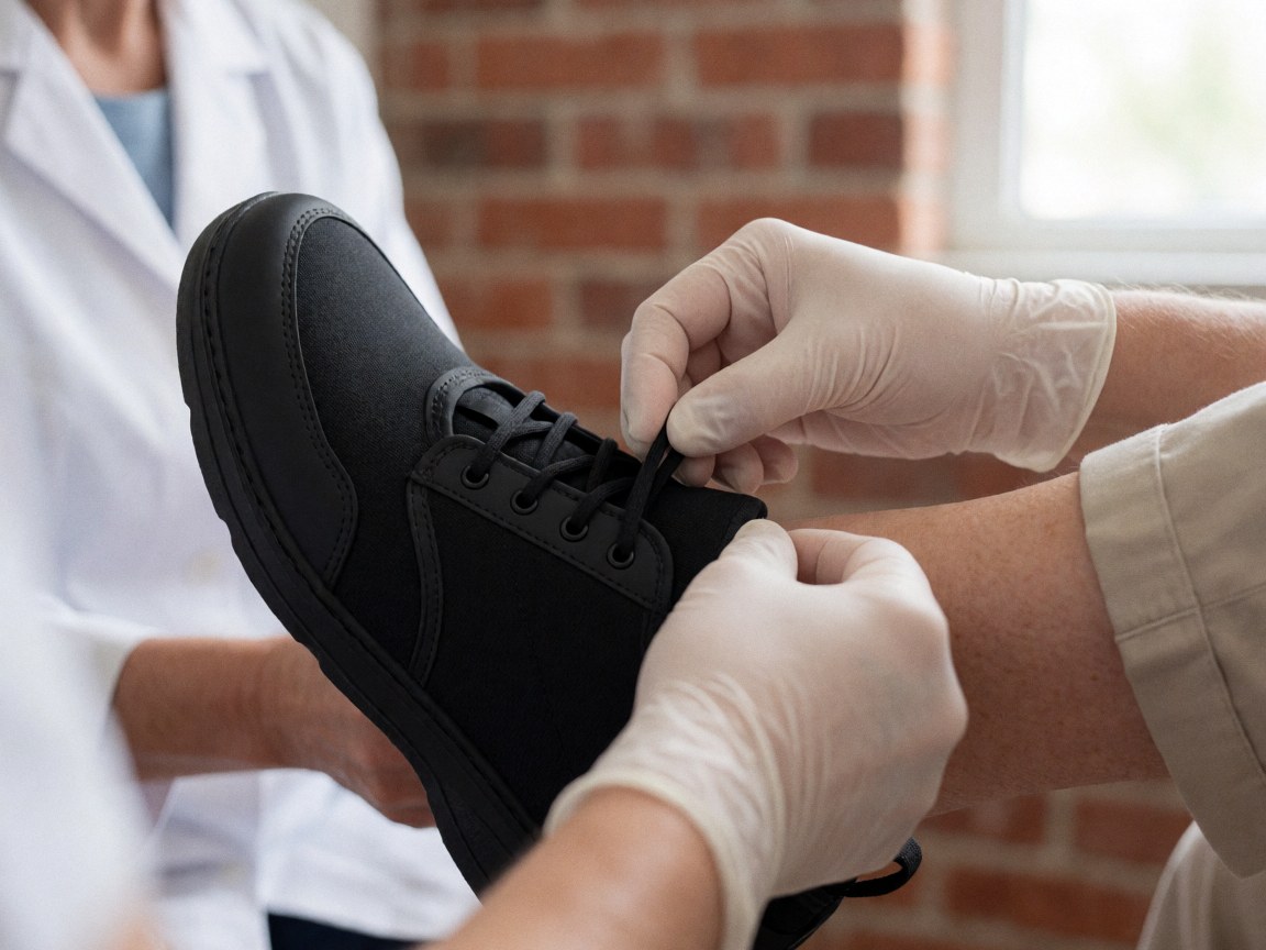 Close-up of a podiatrist wearing gloves tying the laces of a black postoperative shoe against a brick wall with natural light.