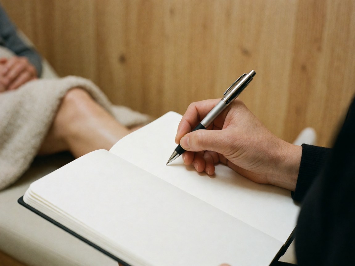 Close-up of a therapist's hand writing in a white notebook, with a client's leg covered by a blanket and a wooden wall background.