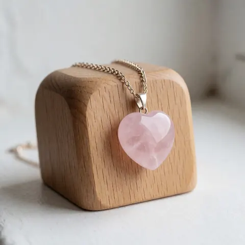 Rose quartz heart pendant hanging from a delicate chain on a light wooden block with soft natural light and a blurred white background