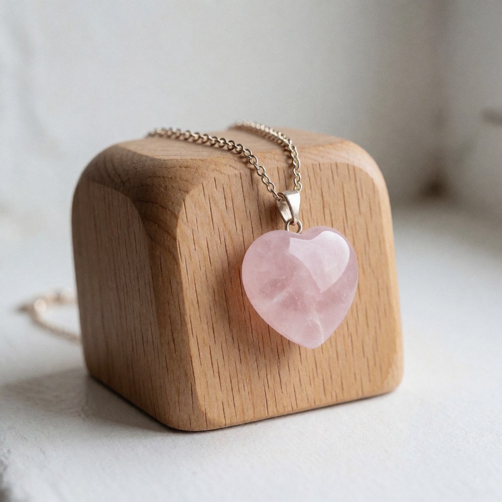 Rose quartz heart pendant hanging from a delicate chain on a light wooden block with soft natural light and a blurred white background