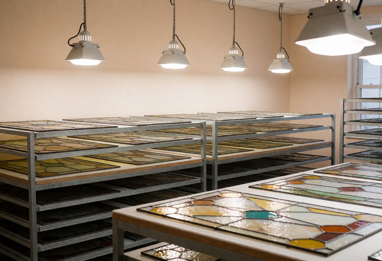 Decorative stained glass panels ready to dry on metal shelves under industrial lights in a clean workshop
