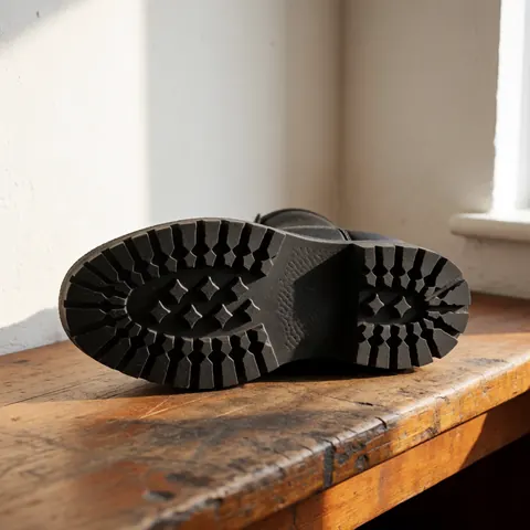A close-up view of a durable rubber shoe sole resting on a wooden surface, highlighting its textured design and sturdy construction for footwear.
