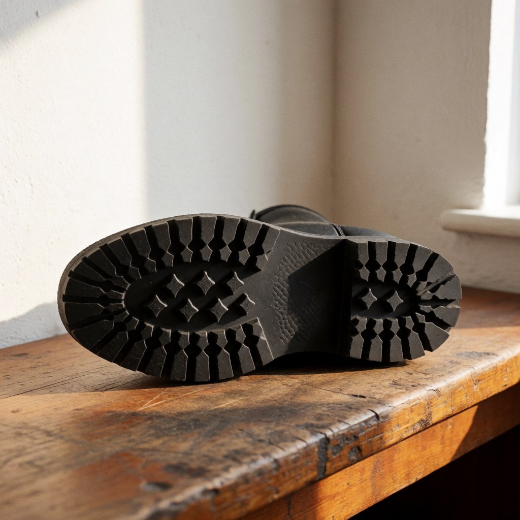 A close-up view of a durable rubber shoe sole resting on a wooden surface, highlighting its textured design and sturdy construction for footwear.