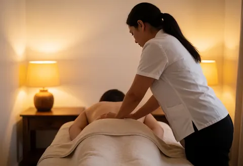 A professional therapist works on a client's back using a white towel in a warm, softly lit room with white walls.