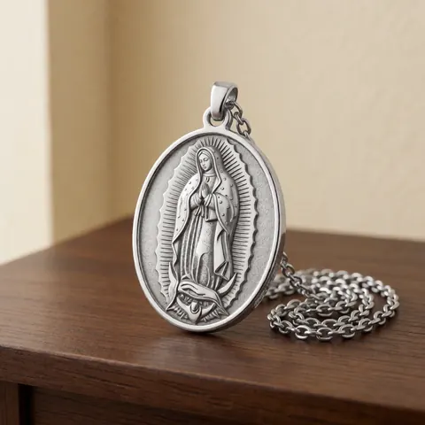 Metal Virgin of Guadalupe medal with chain on dark wooden table, beige background, soft lighting, religious product for jewelry repair