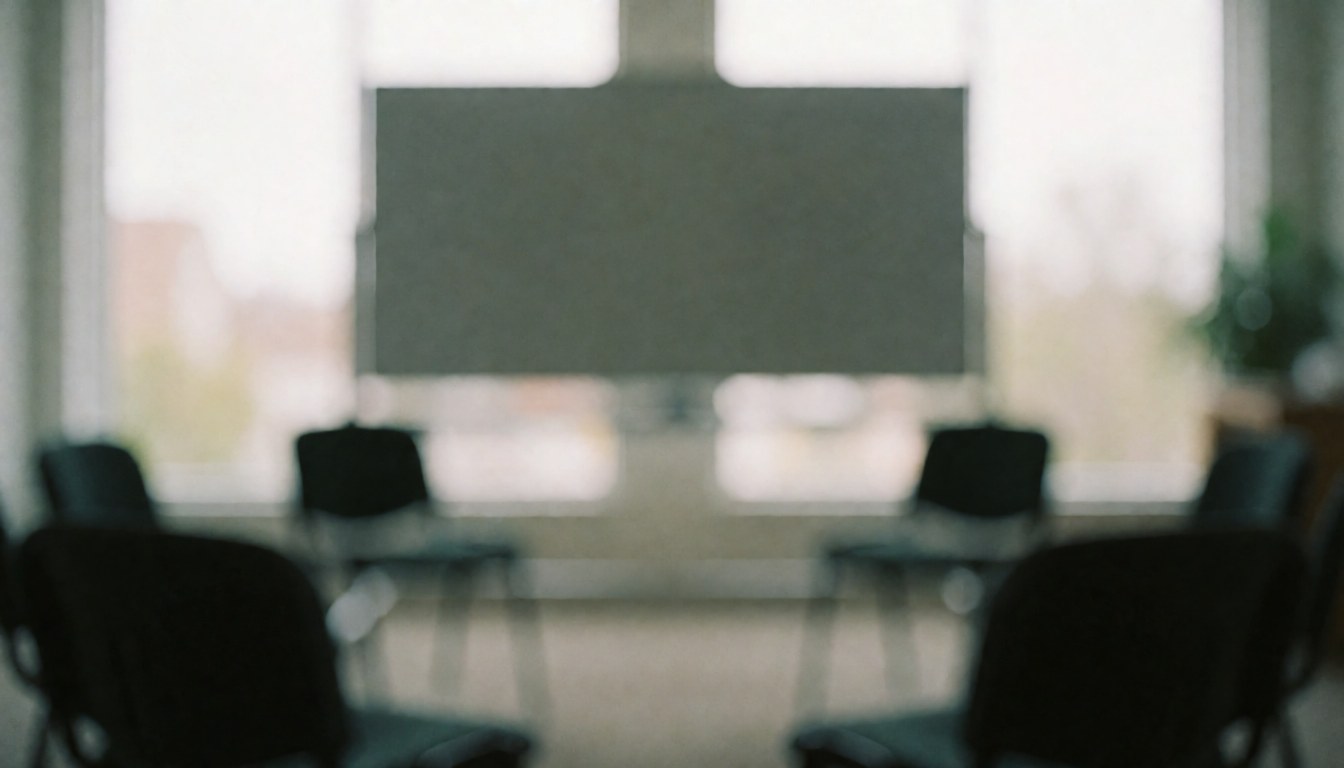 Blurred background of a serene reiki training room featuring chairs arranged in a circle and a whiteboard, ideal for holistic health and wellness text overlays.