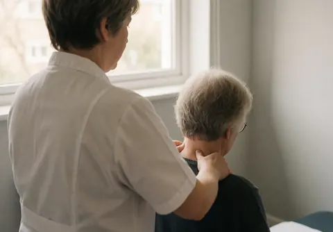 Physiotherapist performing neck massage on seated patient near window with natural light and gray wall