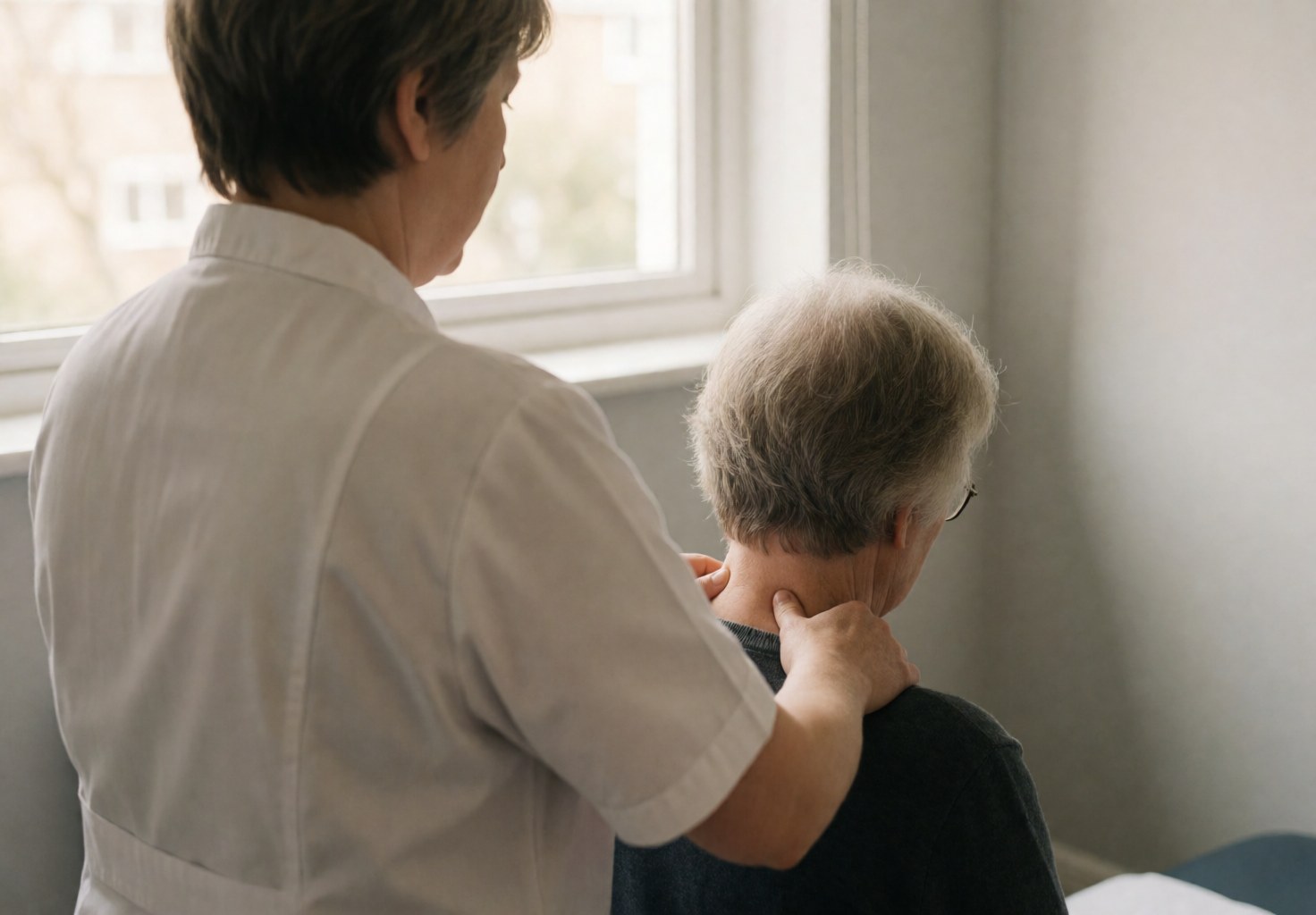 Physiotherapist performing neck massage on seated patient near window with natural light and gray wall