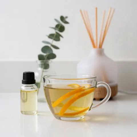 Glass cup of tea with orange peel, essential oil, and diffuser on a white counter for aromatherapy and wellness.
