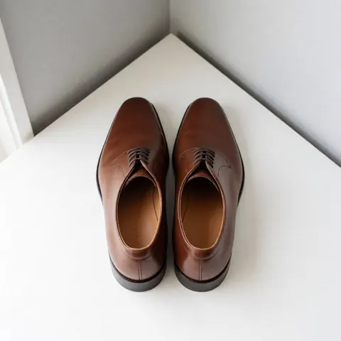 A pair of restored brown leather city shoes displayed against a gray wall, showcasing clean details, laces, and soles in good condition for professional use.