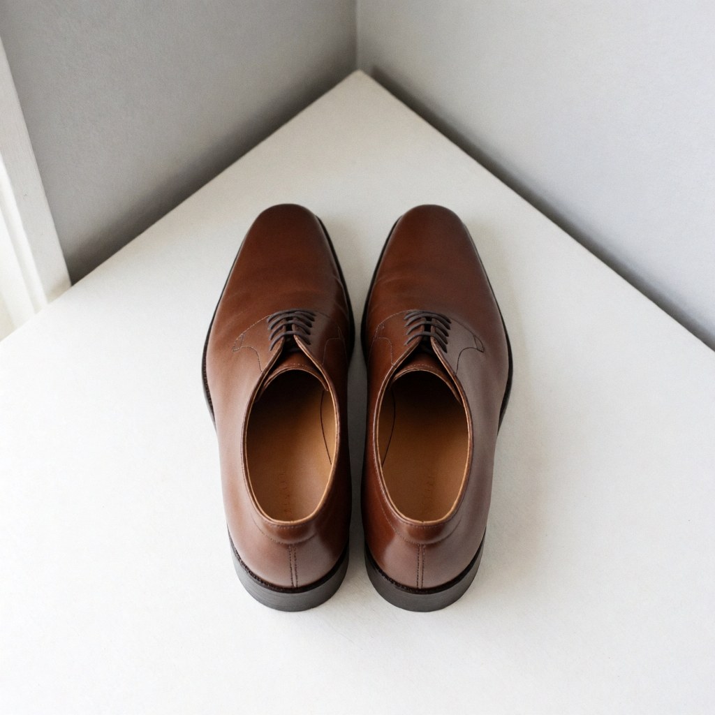 A pair of restored brown leather city shoes displayed against a gray wall, showcasing clean details, laces, and soles in good condition for professional use.