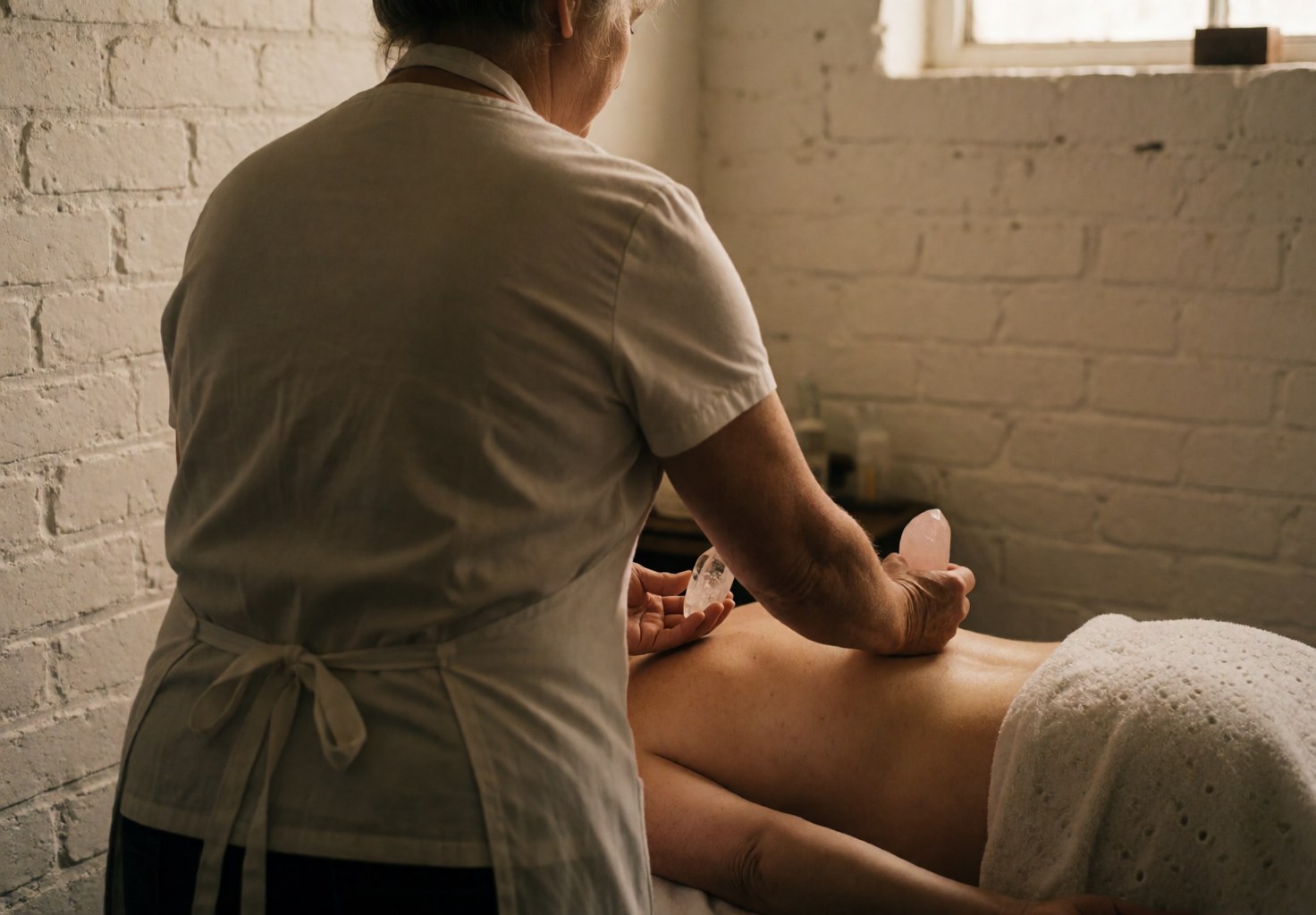 Reiki practitioner placing quartz and rose crystals on a client's back in a room with white brick walls and warm lighting.
