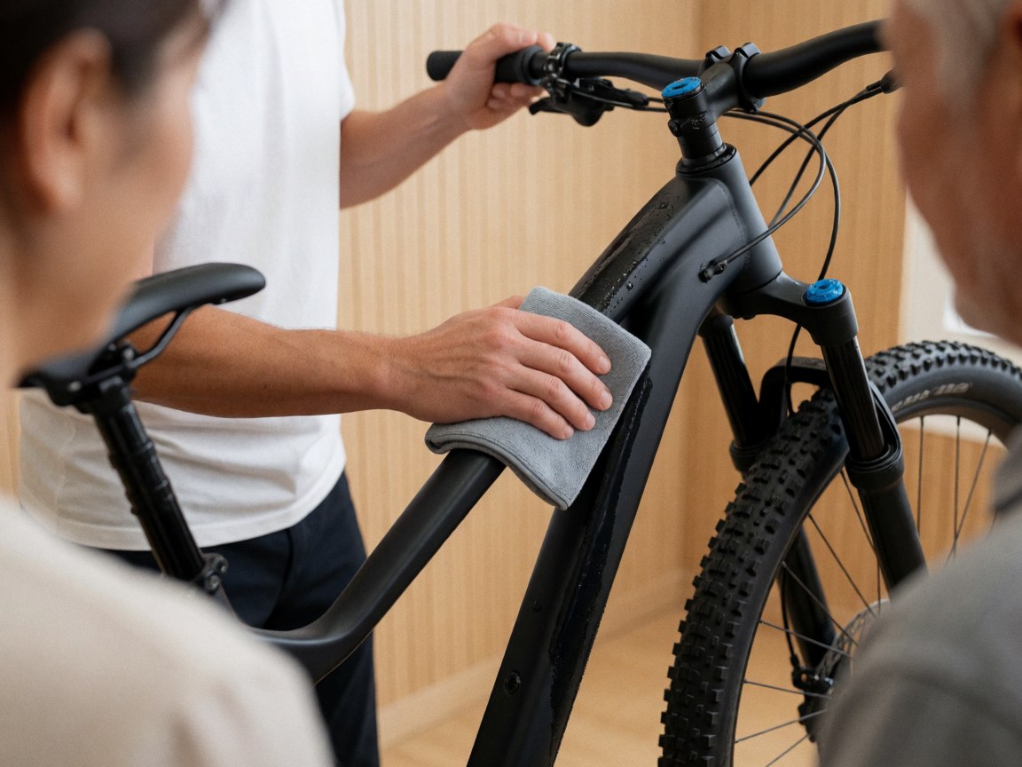 A technician uses a damp cloth to clean the black frame of a mountain bike in a workshop with light wood walls, highlighting the cleaning detail.