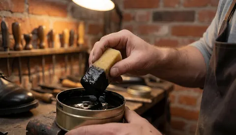 A cobbler wearing a suit jacket applies wax to a shoe in a workshop with brick walls and tools