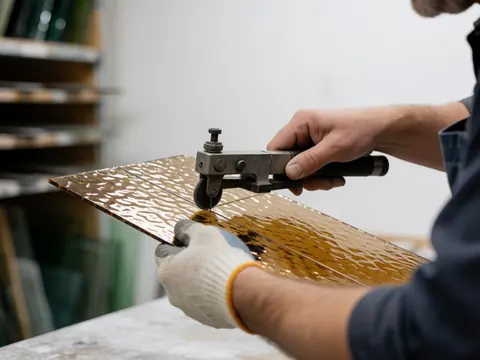 Close-up view of a glass cutter making a precise cut on a sheet of textured amber glass in a workshop setting
