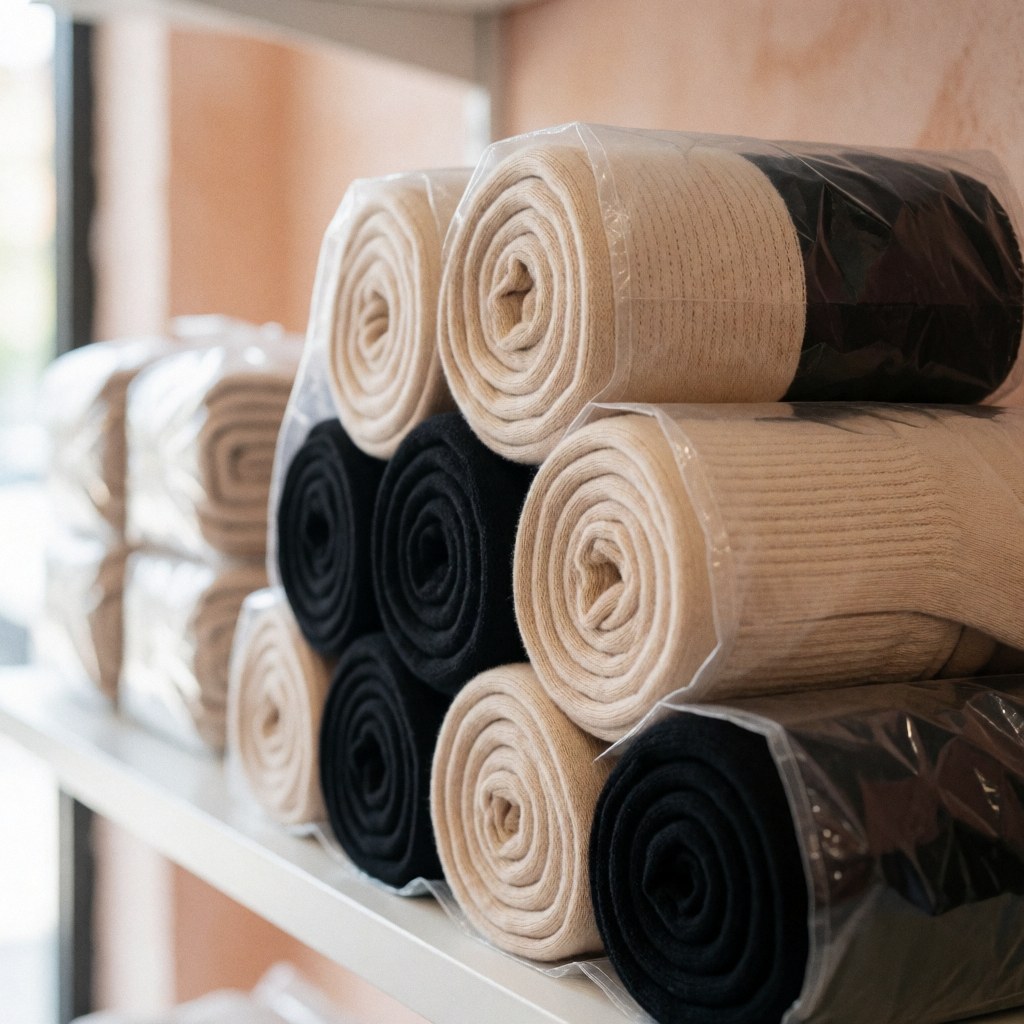 Clear packages of compression socks displayed on a shelf with natural light and terracotta walls for podiatry products