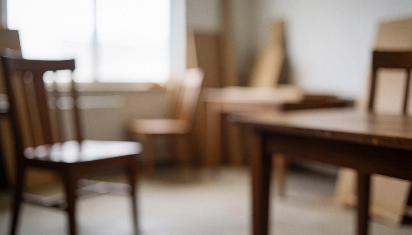 A clean workshop space featuring wooden chairs and tables, ideal for text overlay on furniture repair services