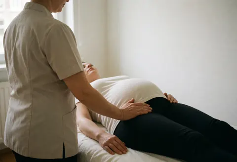 Back view of a professional therapist performing pelvic therapy on a client during a service session