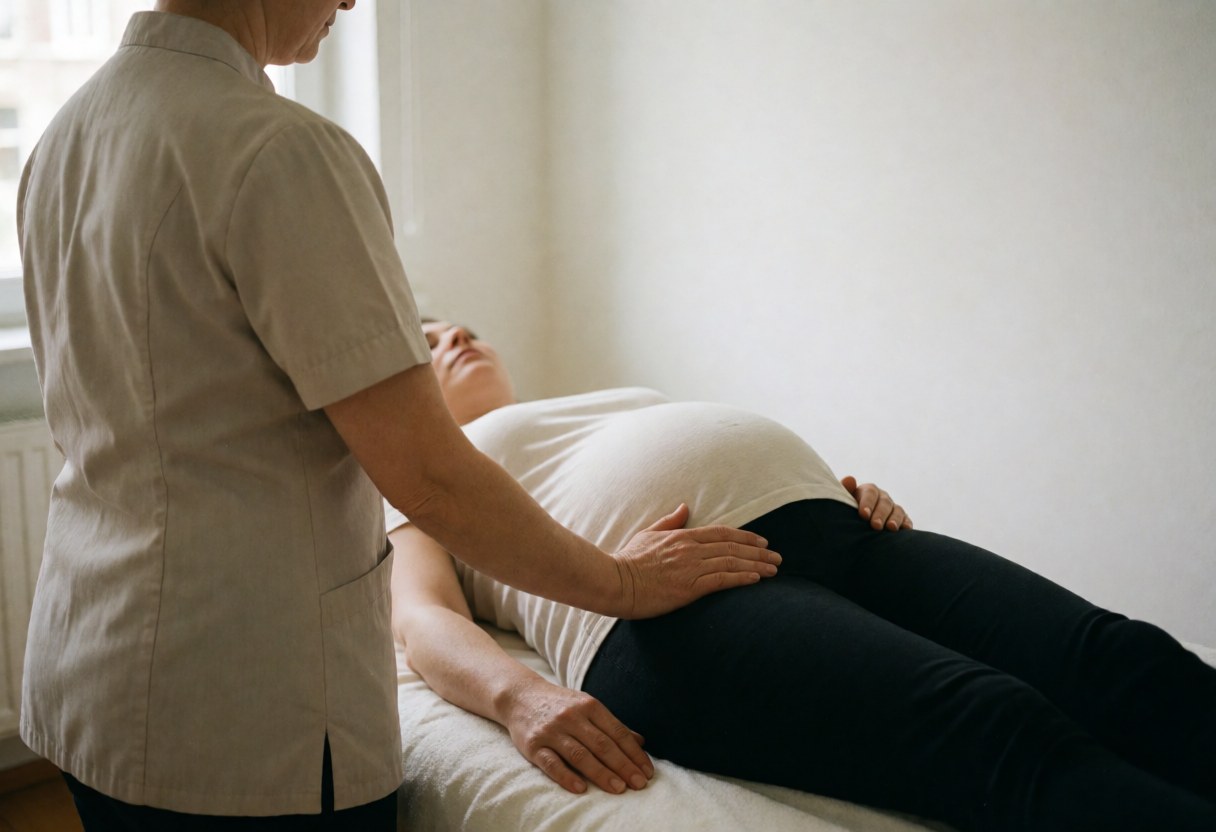 Back view of a professional therapist performing pelvic therapy on a client during a service session