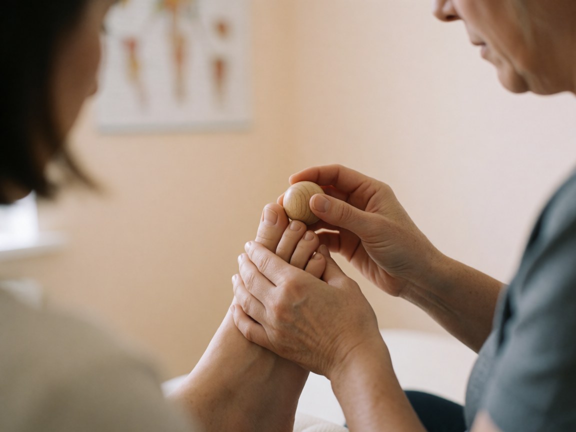 Close-up of a wooden massage ball being used on the sole of a pregnant woman's foot during a prenatal therapy session