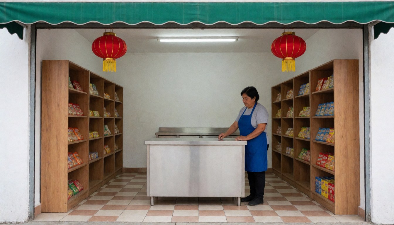 A woman stands behind a stainless steel counter in a minimarket with product shelves, checkered floor, and red lanterns hanging from the ceiling.