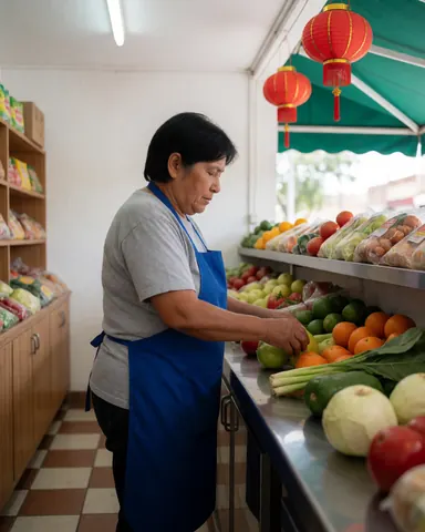 A woman in a blue apron arranges fruit in a minimarket with white walls, checkered floors, fluorescent lights, and hanging red lanterns.