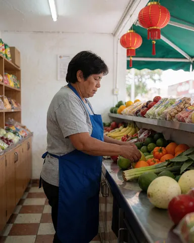 A woman in a blue apron arranges fruit in a minimarket with white walls, checkered floors, fluorescent lights, and hanging red lanterns.