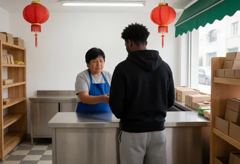 A grocery store employee assists a shopper at the checkout counter with stainless steel surfaces and wooden shelves in the background