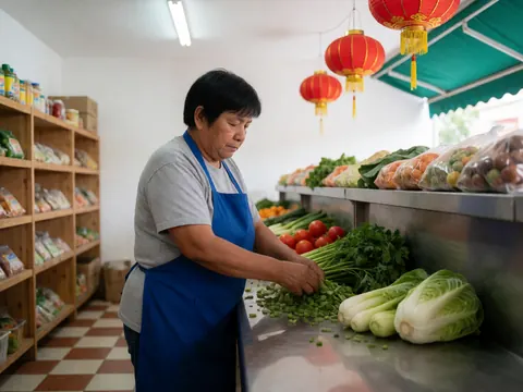 A woman cuts parsley on a steel counter in a minimarket, surrounded by tomatoes, lettuce, and onions under red lights and wooden shelves