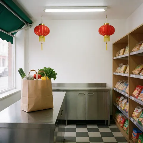 A paper bag filled with fresh produce sits on a stainless steel counter in a minimarket with shelves and green awning.