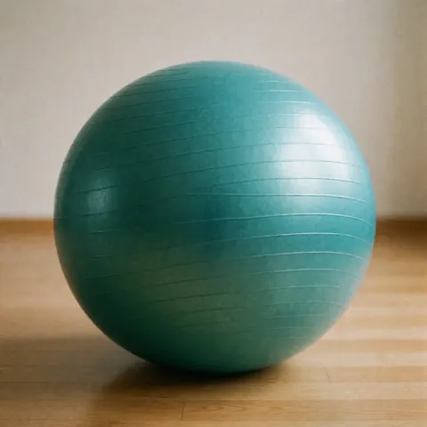 A teal exercise ball placed on a neutral beige background, suitable for maternal massage and wellness product displays.