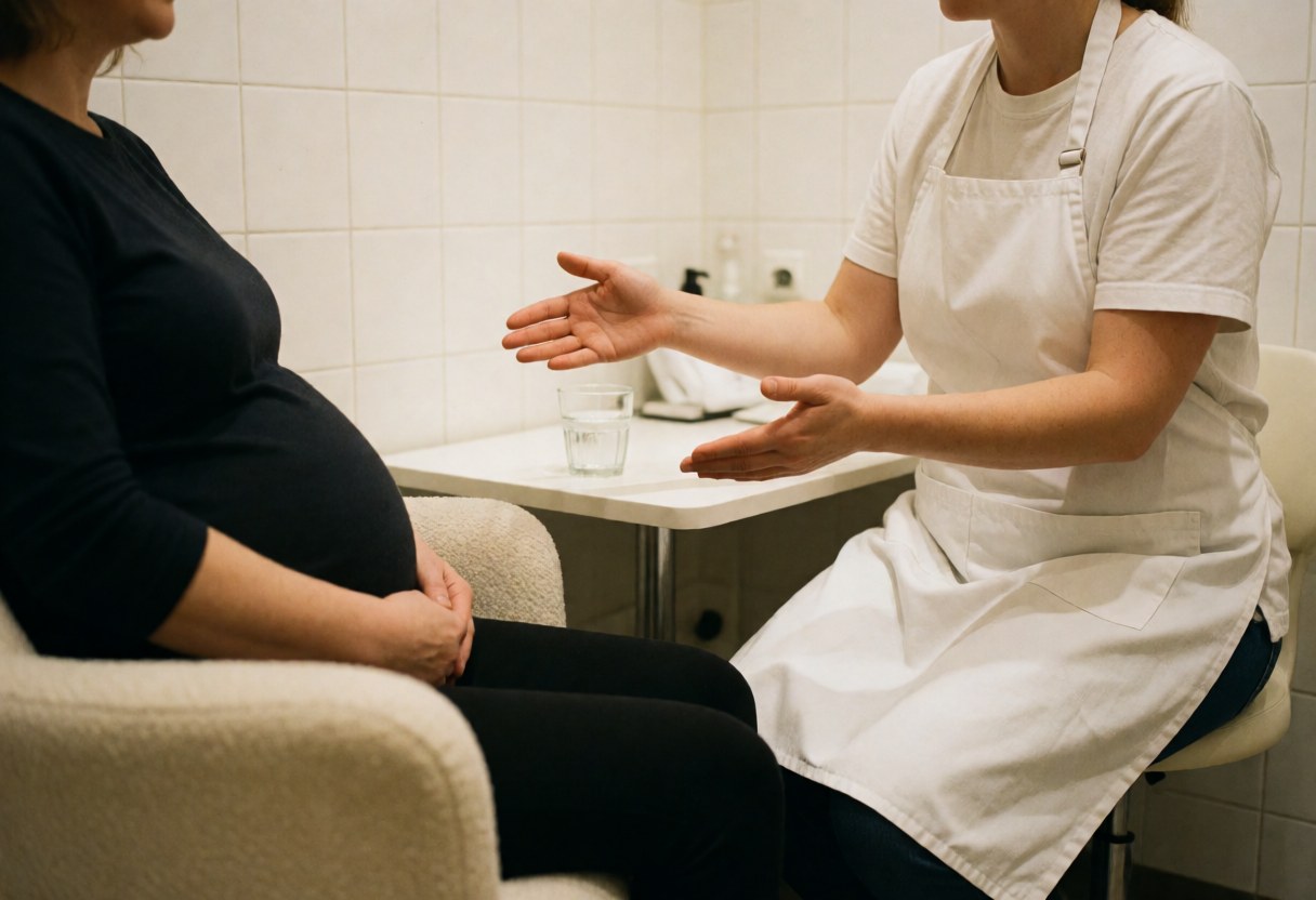 A maternal massage professional in a white apron performs a gentle massage on a seated pregnant client in a tiled consultation room.