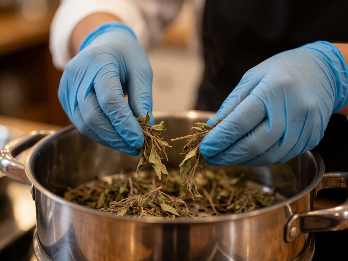 Hands wearing blue gloves are preparing dried epazote herbs in a stainless steel pot, highlighting the texture and details of the cooking process.