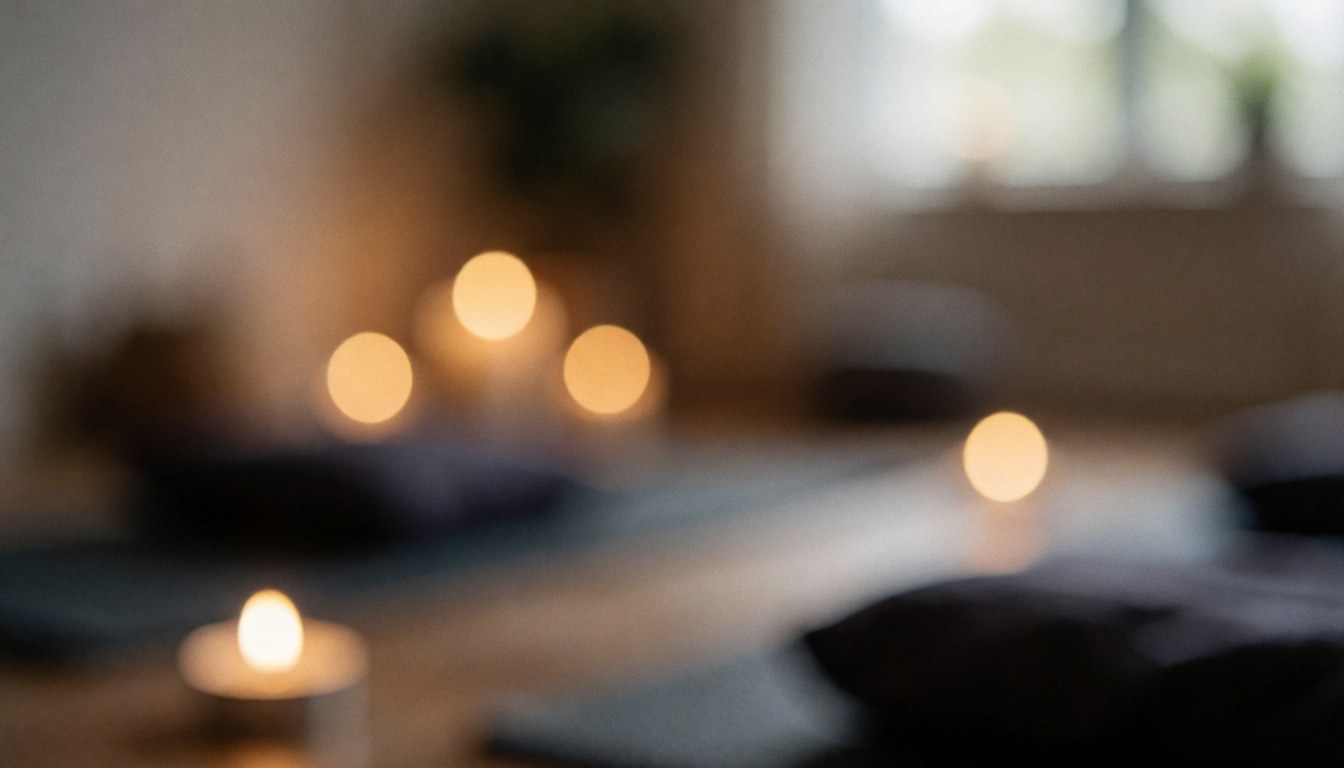 Soft focus background featuring warm candlelight, wooden textures, and meditation mats, creating a serene and relaxing atmosphere ideal for prenatal care and spa services.