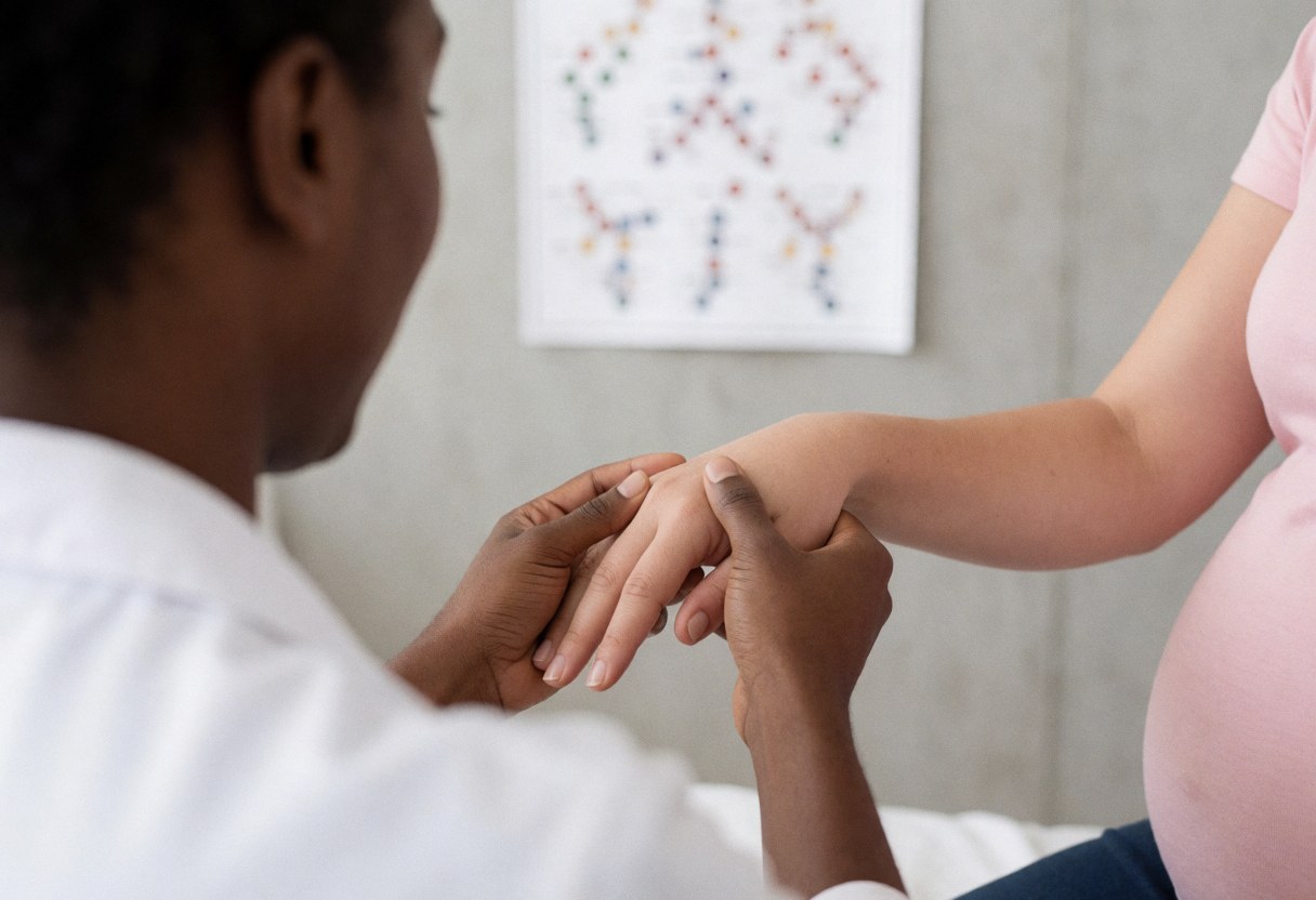 Therapist applying acupressure to a pregnant woman's hand with an acupressure map on the wall in a professional setting