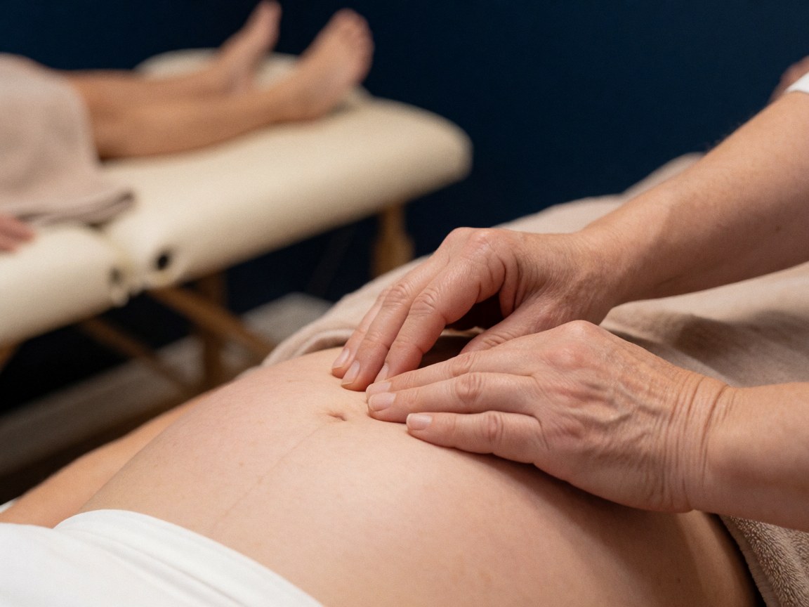 Therapist hands applying gentle massage to a pregnant woman's abdomen with a blurred dark blue wall background