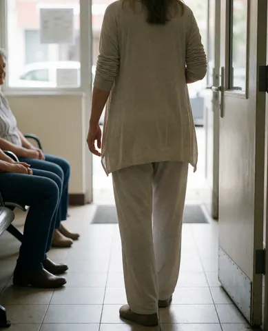 A pregnant woman in comfortable clothing walks into a waiting area with chairs and natural light, creating a relaxed and safe maternity environment.