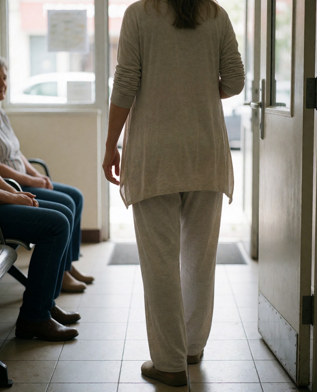 A pregnant woman in comfortable clothing walks into a waiting area with chairs and natural light, creating a relaxed and safe maternity environment.