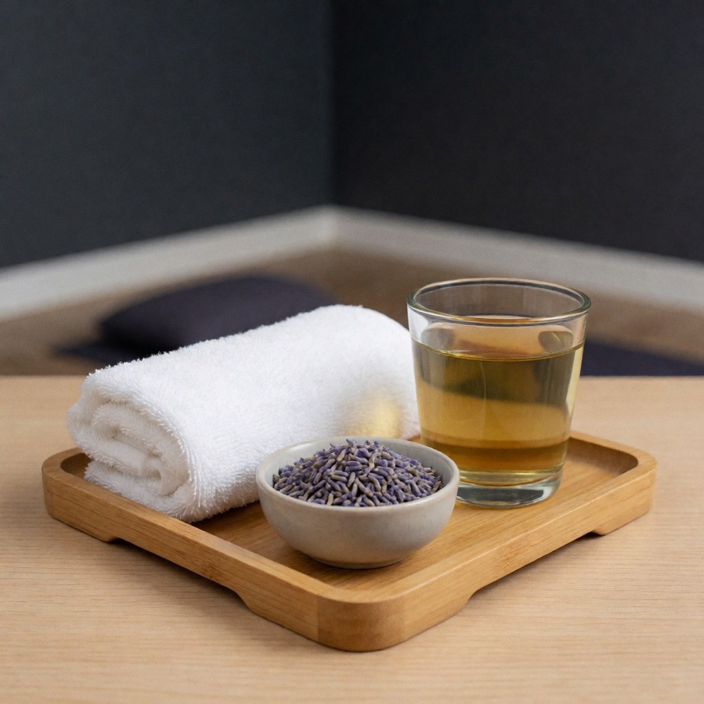 Wooden tray holding a white towel, lavender sprigs, and tea, set in a calm wellness environment for prenatal relaxation and maternal care.